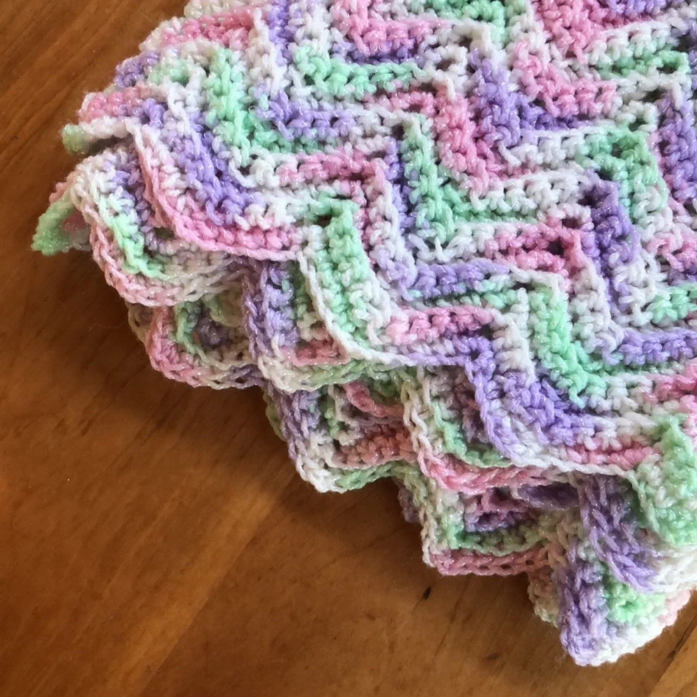Hand Knit Baby Blanket -Pastel Colors-Green, Purple, White, Pink- New- 32” x 38” - Picture 3 of 14